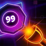O formă geometrică cu numărul 99 pe un fundal albastru și violet, și un obiect portocaliu strălucitor în colțul din dreapta jos