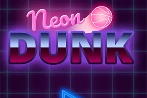 Text luminos Neon Dunk pe un fundal grilă albastru neon, cu o minge de baschet stilizată