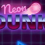Text luminos Neon Dunk pe un fundal grilă albastru neon, cu o minge de baschet stilizată