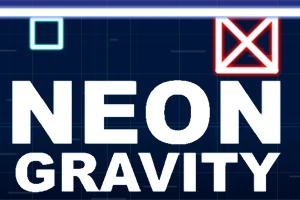Textul NEON GRAVITY cu un pătrat albastru și un X roșu pe fundal întunecat