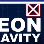 Textul NEON GRAVITY cu un pătrat albastru și un X roșu pe fundal întunecat