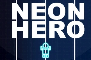 Textul NEON HERO alb pe un fundal albastru închis cu linii verticale albe și o figură stilizată neonică în partea de jos