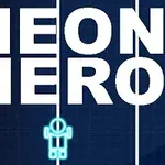 Textul NEON HERO alb pe un fundal albastru închis cu linii verticale albe și o figură stilizată neonică în partea de jos