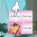 Mâna unui desen animat arată către un pătrat cu un personaj animat și trei pătrate cu sigla Looney Tunes pe un fundal de peisaj animat