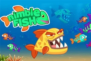 Un pește mare și galben cu dinți ascuțiți este înconjurat de pești mai mici, colorați, într-un decor subacvatic, cu logo-ul nimble FISH în stânga sus