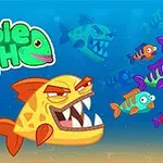 Un pește mare și galben cu dinți ascuțiți este înconjurat de pești mai mici, colorați, într-un decor subacvatic, cu logo-ul nimble FISH în stânga sus