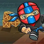 Un personaj desenat într-un costum de ninja roșu și albastru, alergând pe o podea, cu lăzi de lemn în fundal