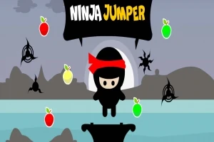 Un personaj ninja cu bandană roșie stă pe o platformă, înconjurat de mere colorate și stele ninja, pe un fundal cu peisaj montan și un titlu deasupra