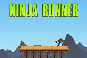 Un ninja alergând pe o platformă de lemn cu munți pe fundal și textul Ninja Runner deasupra