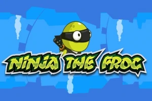 Broască ninja verde cu mască neagră pe fundal albastru, cu text stilizat Ninja the Frog
