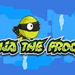 Broască ninja verde cu mască neagră pe fundal albastru, cu text stilizat Ninja the Frog