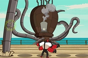 Două personaje animate se confruntă cu un robot uriaș cu tentacule pe un fundal de ocean și cer senin