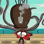 Două personaje animate se confruntă cu un robot uriaș cu tentacule pe un fundal de ocean și cer senin