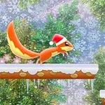 Veveriță animată cu o căciulă de Moș Crăciun sare spre o ghindă, pe un fundal de iarnă cu zăpadă și brazi