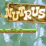 Un animat personaj veveriță fugind pe o platformă, cu un ghindă în față, și un panou cu textul NUT RUSH pe fundal de pădure