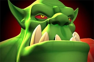 Un personaj de tip orc, cu piele verde și colți mari, având ochi roșii, pe un fundal roșu