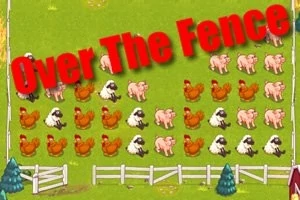 Pășune verde cu oi, porci și găini, încadrată de un gard alb, cu textul „Over The Fence” scris deasupra