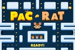 Textul Pac-Rat este afișat pe un fundal de labirint albastru cu margini și puncte galbene, având o ilustrație de șoricel în mijloc și cuvântul READY!