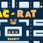 Textul Pac-Rat este afișat pe un fundal de labirint albastru cu margini și puncte galbene, având o ilustrație de șoricel în mijloc și cuvântul READY!