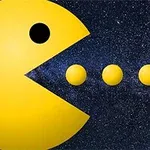 Un cerc galben cu o deschidere laterală, asemănător unei fețe, urmărește trei puncte galbene pe un fundal stelar albastru