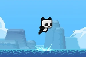 Un panda pixelat sare deasupra apei pe fundalul unui peisaj marin albastru