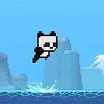 Un panda pixelat sare deasupra apei pe fundalul unui peisaj marin albastru