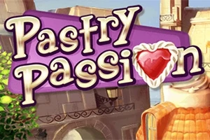 Textul „Pastry Passion” pe un fundal urban colorat, cu o clădire și detalii arhitecturale, având o inimă în locul literei „o”