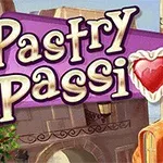 Textul „Pastry Passion” pe un fundal urban colorat, cu o clădire și detalii arhitecturale, având o inimă în locul literei „o”