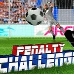Un jucător de fotbal șutează o minge către poartă, cu un portar pregătit să o apere, iar în prim-plan apare un text scris în culori roșu și albastru