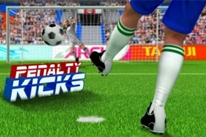 Un jucător în echipament sportiv lovește o minge de fotbal spre o poartă, cu spectatori în fundal