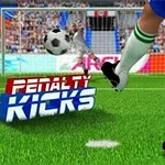 Un jucător în echipament sportiv lovește o minge de fotbal spre o poartă, cu spectatori în fundal
