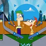 Două personaje animate, unul cu păr verde și celălalt cu păr roșcat, stau între două brațe mecanice, într-un decor de curte cu cer senin