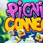 Text colorat Picnic Connect pe un fundal cu peisaj de natură și mici imagini reprezentând mâncare