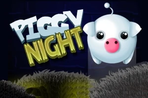 Textul „Piggy Night” alături de un personaj rotund și drăguț, asemănător unui purceluș alb cu nas roz, pe fundal întunecat cu elemente decorative verzui