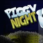 Textul „Piggy Night” alături de un personaj rotund și drăguț, asemănător unui purceluș alb cu nas roz, pe fundal întunecat cu elemente decorative verzui
