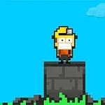 Personaj pixelat cu cască și salopetă galbenă stând pe un bloc de piatră, pe un fundal albastru cu un nor