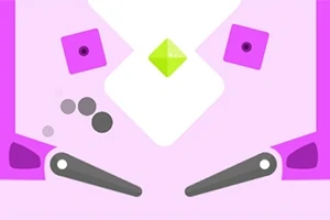 Imagine stilizată cu două flippere gri, forme geometrice mov și un diamant verde în centru pe un fundal roz
