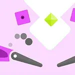 Imagine stilizată cu două flippere gri, forme geometrice mov și un diamant verde în centru pe un fundal roz