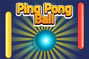 Fundal albastru cu un design radial, o minge albastră centrală și textul Ping Pong Ball deasupra, flancată de două bare verticale, una galbenă și una roșie