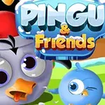Pinguin desenat cu o căciulă roșie de Moș Crăciun și un pui de pasăre albastră într-un peisaj colorat