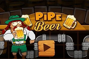 Personaj animat îmbrăcat în costum tradițional bavarez ținând o halbă de bere, cu text Pipe Beer și elemente de grafică de țevi metalice
