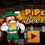 Personaj animat îmbrăcat în costum tradițional bavarez ținând o halbă de bere, cu text Pipe Beer și elemente de grafică de țevi metalice