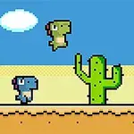 Dinozauri pixelizați colorati sar peste cactuși într-un peisaj de deșert cu cer albastru și un nor alb