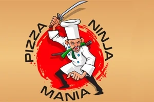 Un bucătar ninja desenat, purtând un cuțit ridicat, încadrat de textul Pizza Ninja Mania pe un fundal roșu și portocaliu