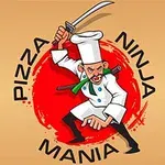 Un bucătar ninja desenat, purtând un cuțit ridicat, încadrat de textul Pizza Ninja Mania pe un fundal roșu și portocaliu