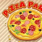 Pizza cu diverse ingrediente, inclusiv salam, măsline și roșii, cu textul Pizza Party deasupra