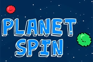 Textul PLANET SPIN este afișat pe un fundal albastru înstelat, cu planete pixelate roșii și verzi