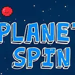Textul PLANET SPIN este afișat pe un fundal albastru înstelat, cu planete pixelate roșii și verzi