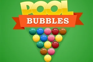 Bile colorate ordonate într-o formă triunghiulară pe un fundal verde, cu textul Pool Bubbles deasupra
