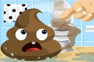 Animație cu un emoji de fecale cu expresie surprinsă într-o baie, lângă o toaletă, cu un deget care arată spre el